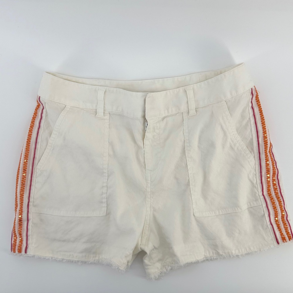Trina Turk x INC Linen Blend Shorts 8 Ivory White Sequin Stripe Raw Hem Boho